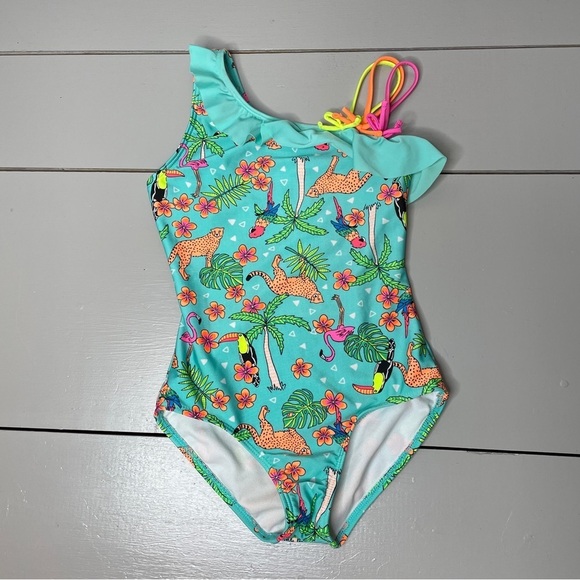 Cat & Jack Size M 7/8 Girls Rainforest Swimsuit One Shoulder Tropical Colorful - Picture 1 of 8
